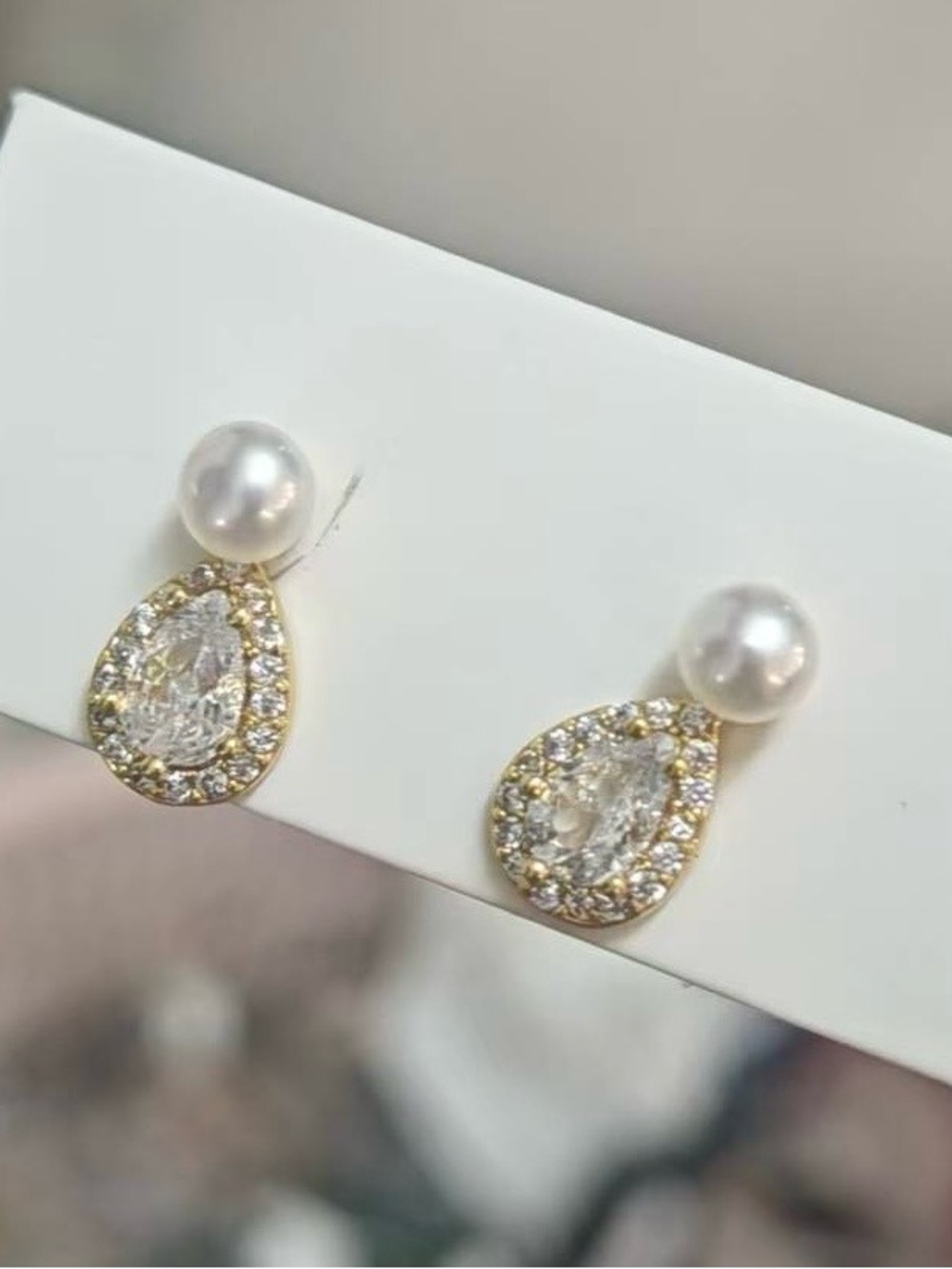 Gold Pearl Drop Teardrop Crystal Earrings - White